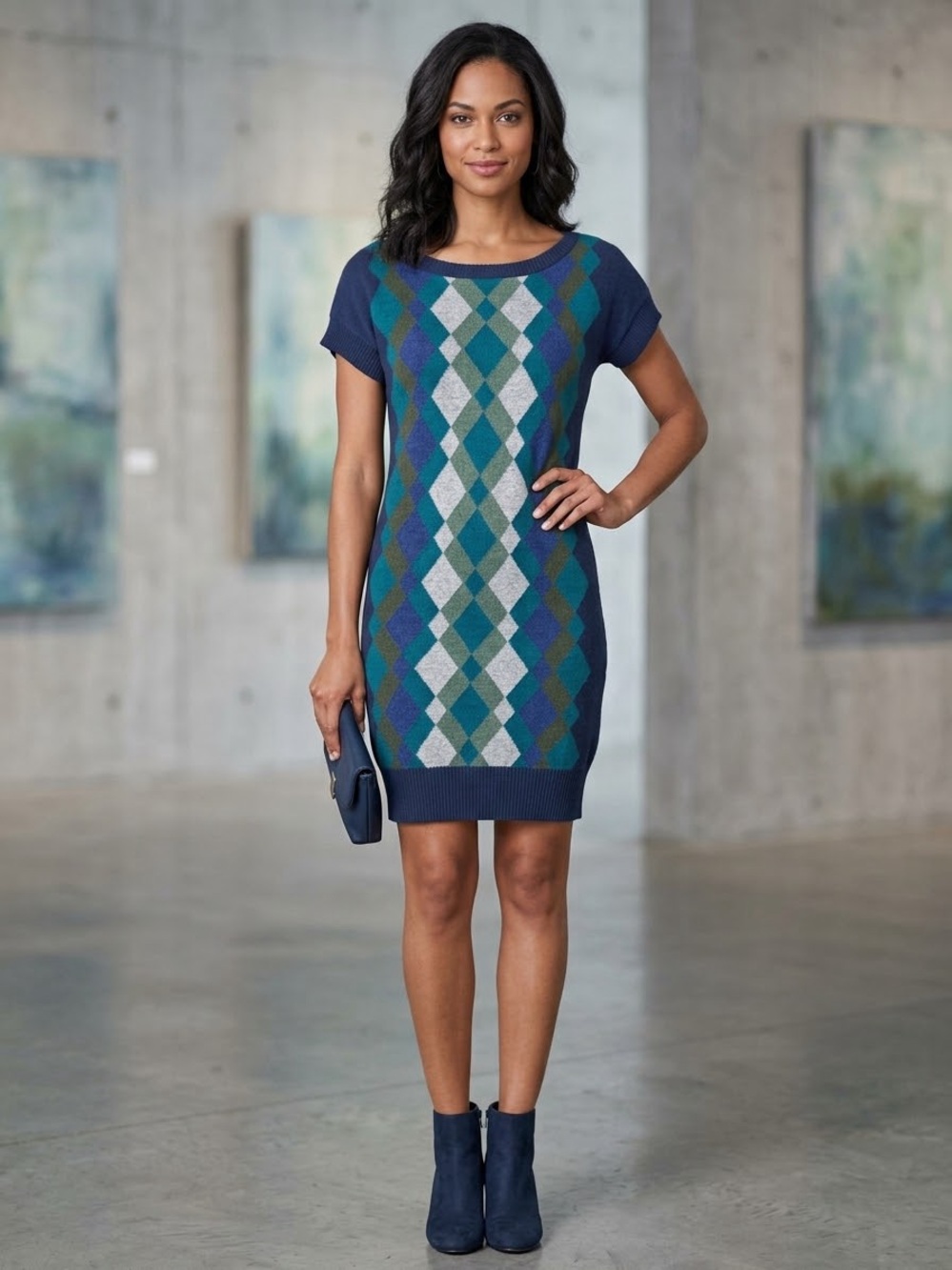 United Colors Of Benetton Navy Argyle Short-Sleeve Knit Mini Dress